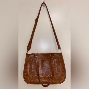 Madison West Vegan Leather Double Woven Design Handbag Purse Brown Braided